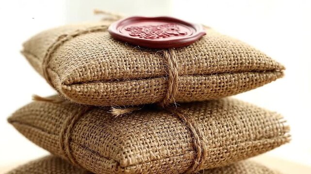 Stacked Burlap Sacks with Red Seal Detail Close Up Brown Fabric Texture Natural Light Jute Material Knot Decoration Rustic Packaging Product Presentation Still Life