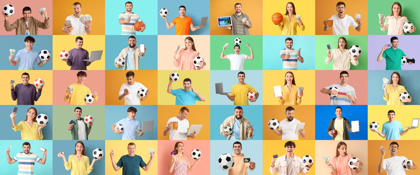 Collage of people placing sports bets online on color background