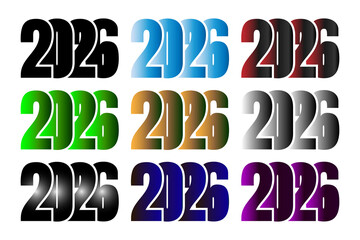 Collection of 2026 year numbers with different color variations isolated on transparent background