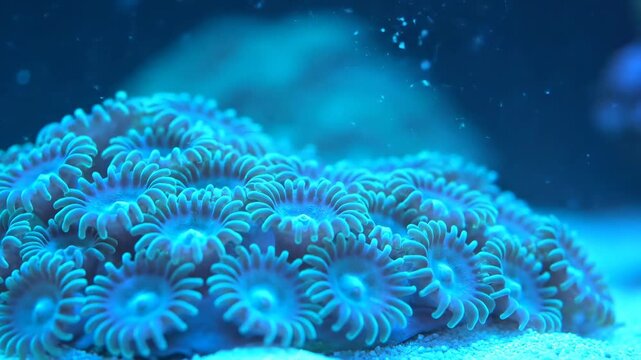 Vibrant Blue Zoanthid Coral Polyps Thriving in a Marine Aquarium Reef Ecosystem