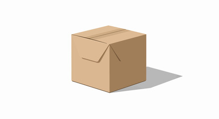 Illustration of a closed tancolored cubeshaped cardboard box with a cast shadow on a white background