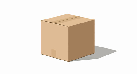 Illustration of a closed tancolored cubeshaped cardboard box with a cast shadow on a white background