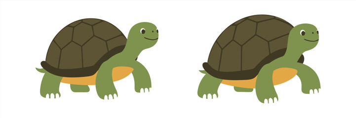 Two adorable cartoon turtles with smiling faces, showcasing slow and steady progress on a white background