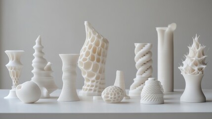 Unique white 3D printed sculptures displayed on a clean surface showcasing creative designs and innovative forms