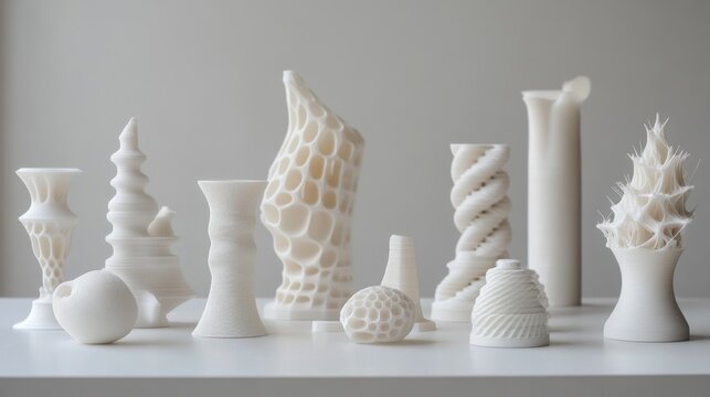 Unique white 3D printed sculptures displayed on a clean surface showcasing creative designs and innovative forms