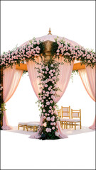 Beautiful Outdoor Wedding Mandap Decorated With Pink Roses And Elegant Draping On A White Background