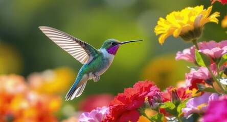 Hummingbird in flight, wings spread, near colorful blooming flowers