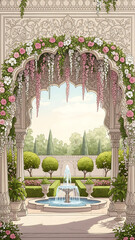 Ornate Stone Archway Framed By Roses Opens To A Formal Garden With Fountain