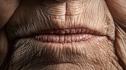 Close-up of an elderly person's lips showing deep wrinkles and unique texture, highlighting the passage of time and life experiences