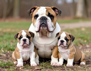 A charming bulldog mama poses with her adorable puppies in a natural setting, showcasing love and companionship.
