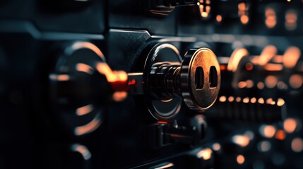 Close-up view of an electrical panel with various switches and a power outlet in a dimly lit environment