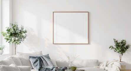 Mockup Bright living room with plants, sofa and square picture frame
