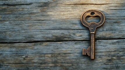 Rusty vintage key resting on a weathered wooden surface in soft sunlight