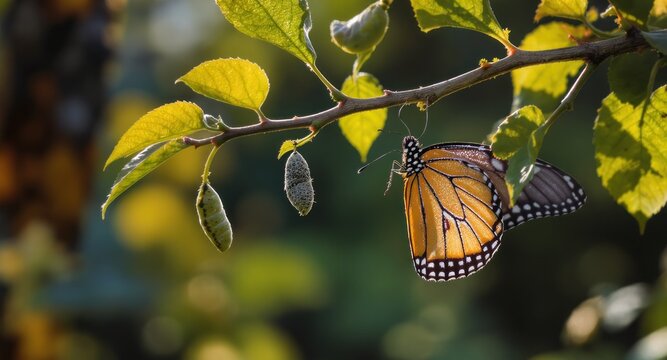 Monarch butterfly emerging near two chrysalises on a leafy branch