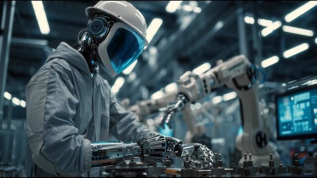 Future manufacturing floor where a humanoid assistant and engineer operate side by side among automated arms and equipment.