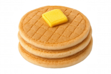 Stack of plush pancakes with butter, fake food model for play or display, transparent background