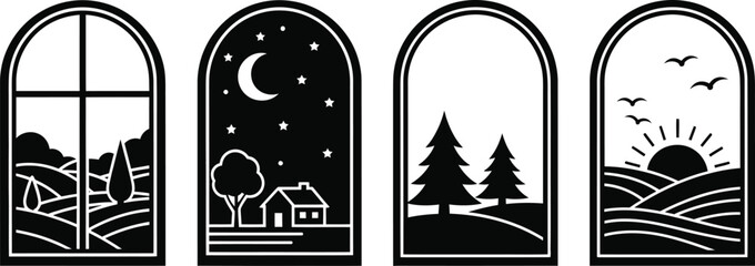 Vector windows with nature scenes day night morning and forest