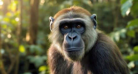 Fototapeta premium Monkey portrait expressive eyes, brown fur, leafy forest backdrop, sunlight