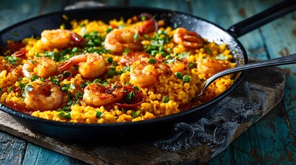 Spanish paella with fork scooping saffron rice and shrimp, rustic pan background with copy space 