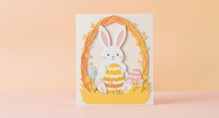 Paper-cut Easter card with bunny and egg in a vine frame against soft background