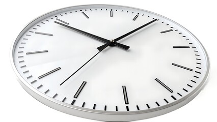 The clock features a clean white face with prominent black hour markers and smaller minute markers, all set within a sleek silver-toned frame. 