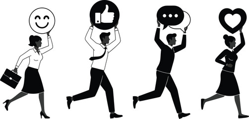 Social media engagement team running with feedback symbols vector