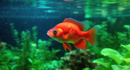 Orange goldfish swims in green aquatic habitat, bubbles near the surface