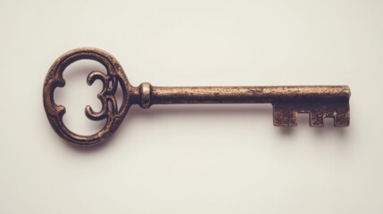 Vintage key with ornate design found on neutral background highlighting detailed craftsmanship and historical significance