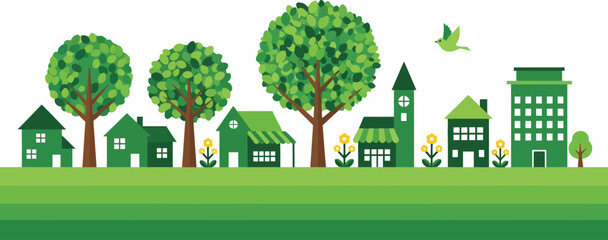 Green city landscape vector illustration with houses and trees