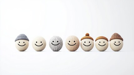 Fototapeta premium Seven smiling stones wearing colorful hats display cheerful expressions in a bright, minimalist setting