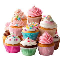 Delicious assortment of decorated cupcakes isolated on transparent background for confectionery and dessert concepts