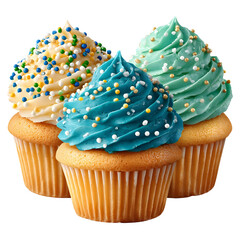 Three frosted cupcakes with colorful sprinkles on a transparent background
