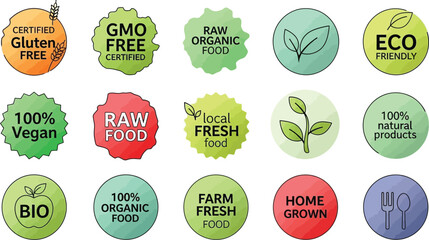 Organic food labels vector set for healthy eating products