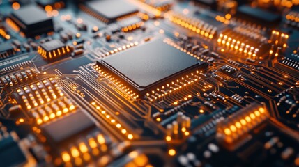 Obraz premium Close-up view of a modern microchip on a circuit board illuminated by glowing lights