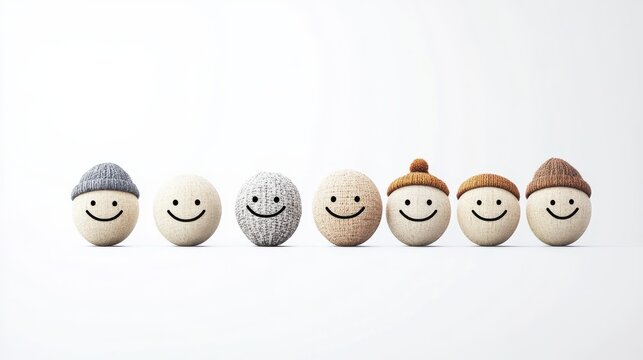 Seven smiling stones wearing colorful hats display cheerful expressions in a bright, minimalist setting