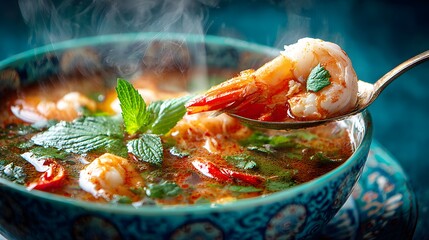 Thai tom yum soup with spoon lifting shrimp and herbs, steaming hot, vibrant background with copy space 