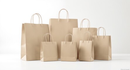 Group of tan kraft paper shopping bags of varying sizes on white backdrop