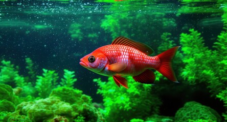 Red fish swims in vivid, green, planted aquarium with bubbles rising