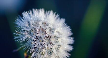 Extreme close up of a single ethereal white dandelion seed head covered in shimmering morning dew drops
