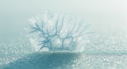 Extreme macro cinematic photo of an intricate fractal ice crystal on a frozen surface