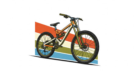 Fototapeta premium Extreme sports concept with a detailed downhill mountain bike illustration against a stylish retro striped backdrop