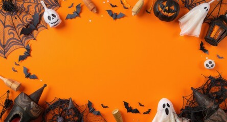 Halloween decor frame, with ghosts, bats, spiders and pumpkins on orange background