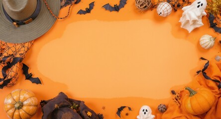 Halloween themed flat lay with pumpkins, bats, ghost, hat on orange background
