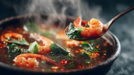 Thai tom yum soup with spoon lifting shrimp and herbs, steaming hot, vibrant background with copy space 