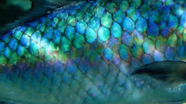 Iridescent Fish Scales Macro Detail with Reflective Texture Shimmering Blue Green Purple Tones in Underwater Close Up Shot Creating a Vibrant Aquatic Pattern Displaying Nature's Beauty