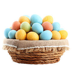 Basket of decorated eggs with transparent background for holiday themes