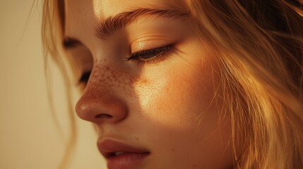 Natural light reflects on a young woman's freckled face during sunset in a warm, serene environment