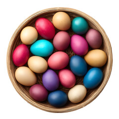 Overhead view of colorful dyed eggs in a woven basket holiday and celebration concept isolated on transparent background
