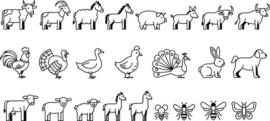 Farm animals vector line art illustration set of livestock icons