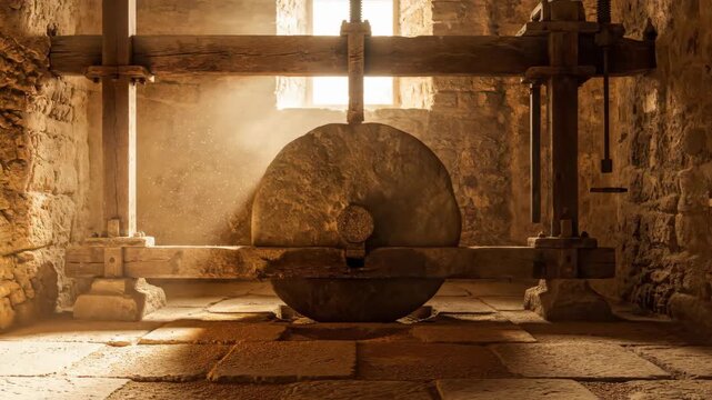 Ancient Stone Mill Interior with Large Millstone and Sunlit Dust Particles